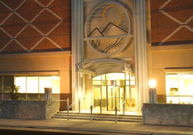Night image, Entry to Jackson County Juvenile Facility located on 10th Street, Medford, OR